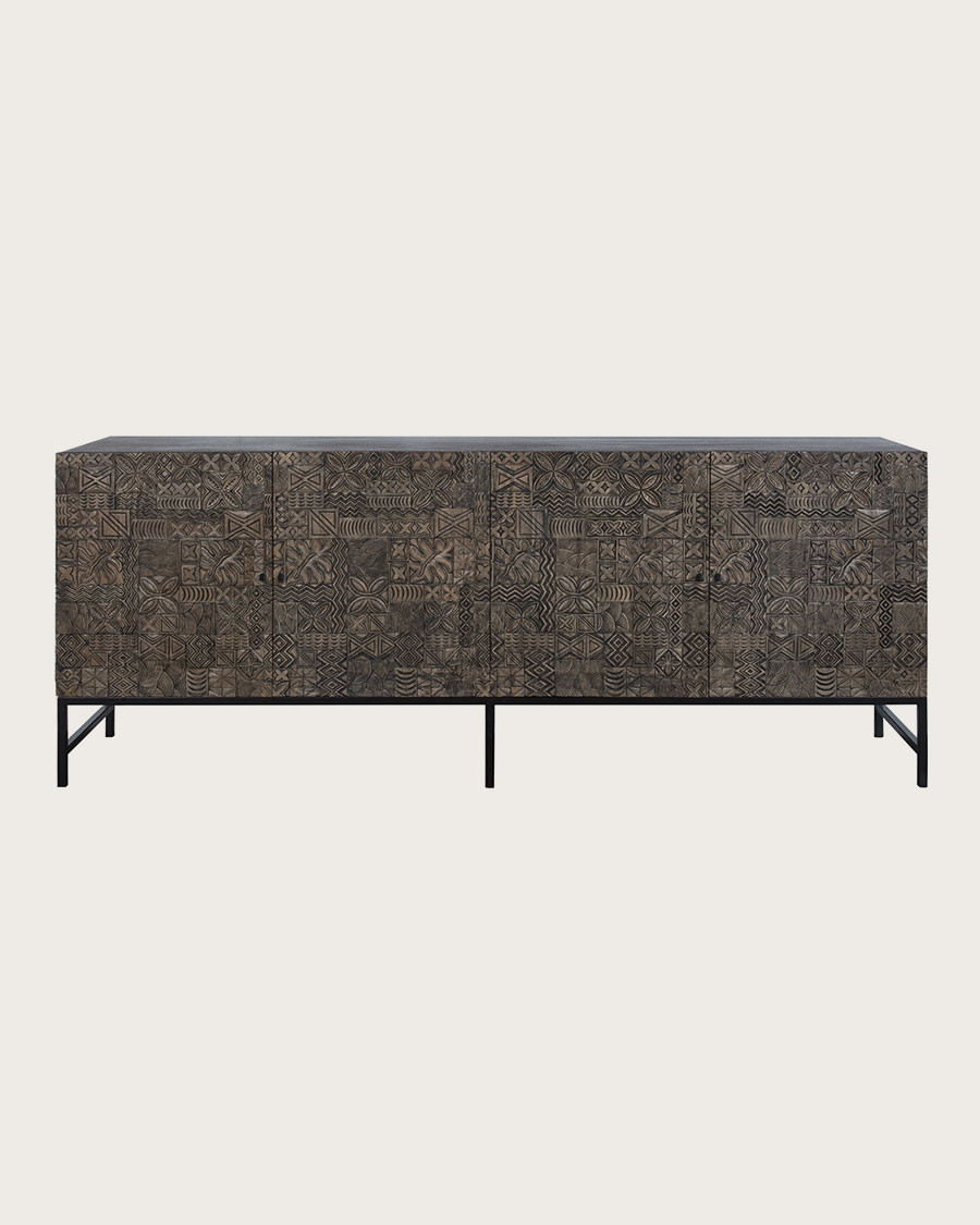 Hawaii - Credenza nera in legno massello di teak intagliato, 200 cm