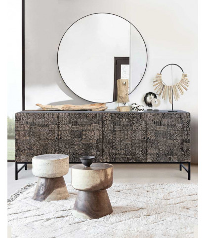 Hawaii - Zwart dressoir van massief, gesneden teakhout, 200 cm