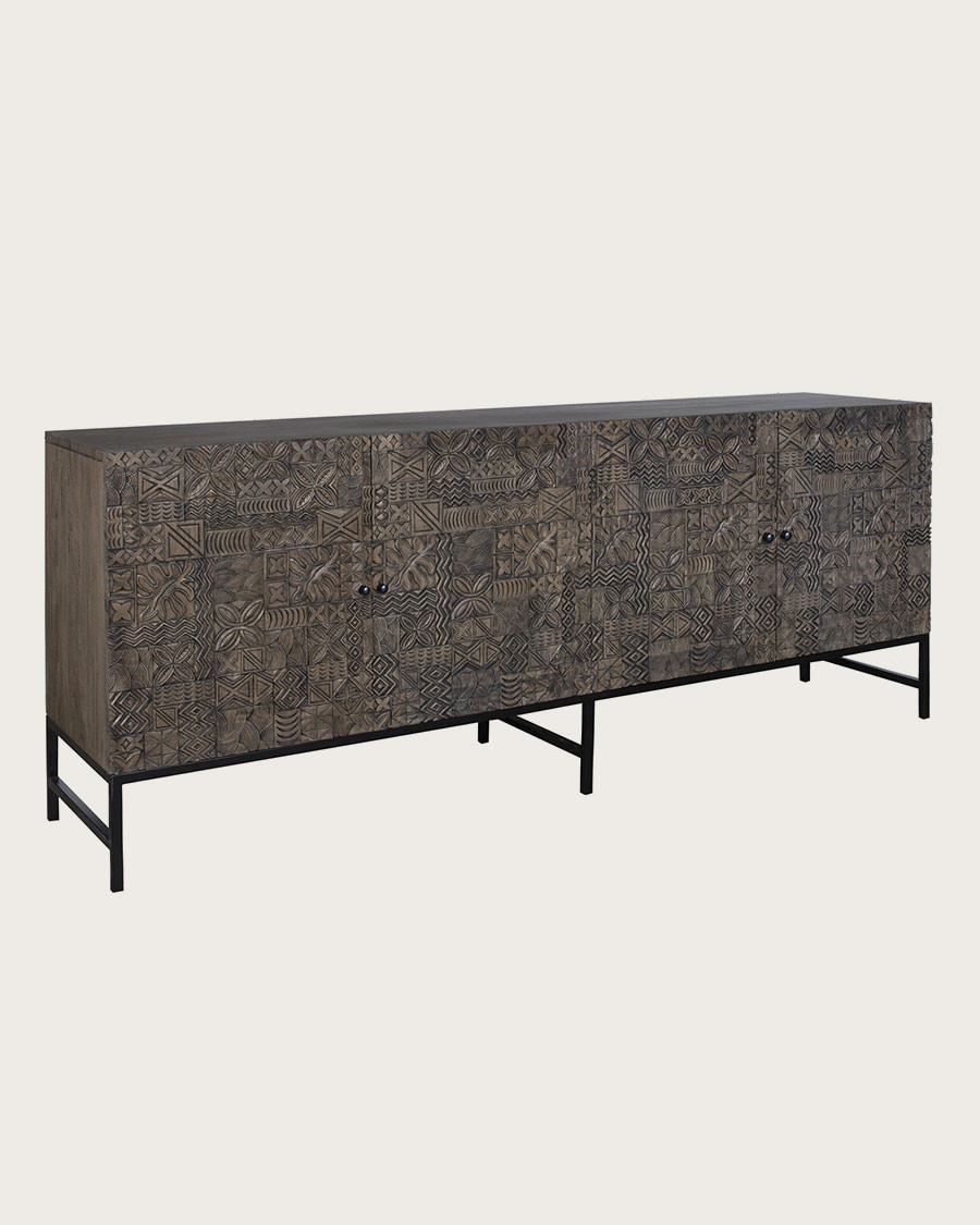 Hawaii - Credenza nera in legno massello di teak intagliato, 200 cm