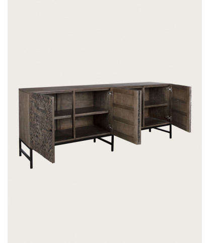 Hawaii - Credenza nera in legno massello di teak intagliato, 200 cm