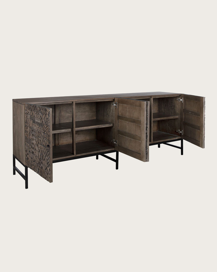 Hawaii - Zwart dressoir van massief, gesneden teakhout, 200 cm