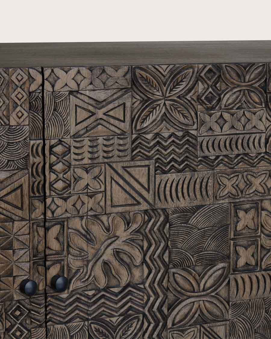 Hawaii - Zwart dressoir van massief, gesneden teakhout, 200 cm