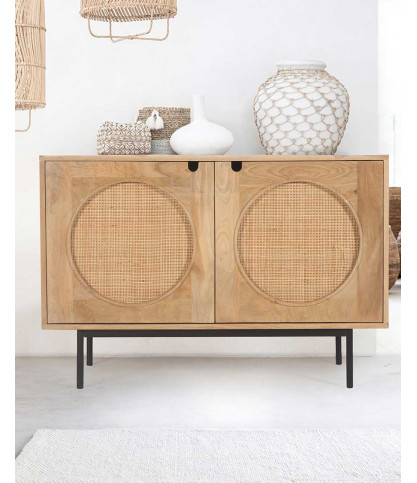 Kali - Klein dressoir van hout en riet, 100 cm
