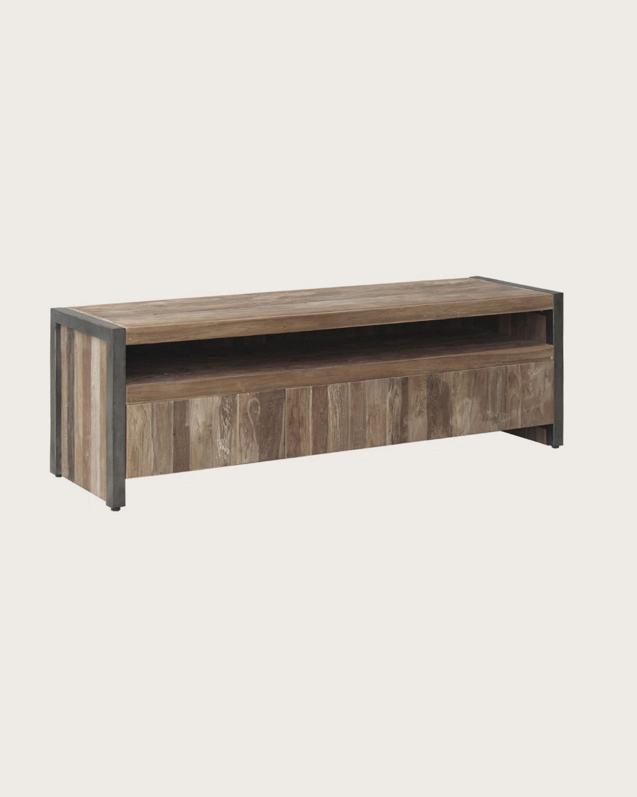 Arche - Mobile TV industriale in teak riciclato e metallo nero, 150 cm