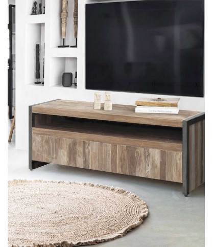 Arche - Industrieller TV-Schrank aus recyceltem Teakholz und schwarzem Metall 150 cm