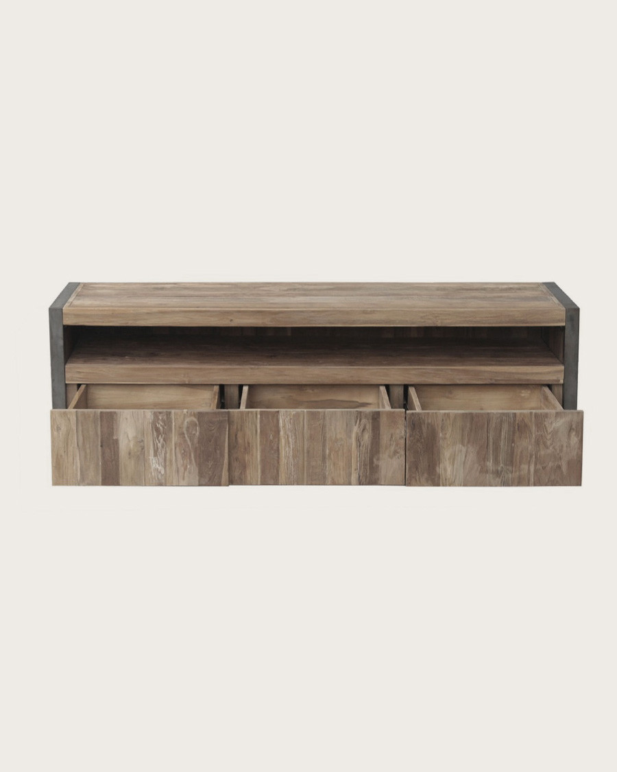 Arche – Industrielles TV-Möbel aus recyceltem Teakholz und schwarzem Metall, 150 cm