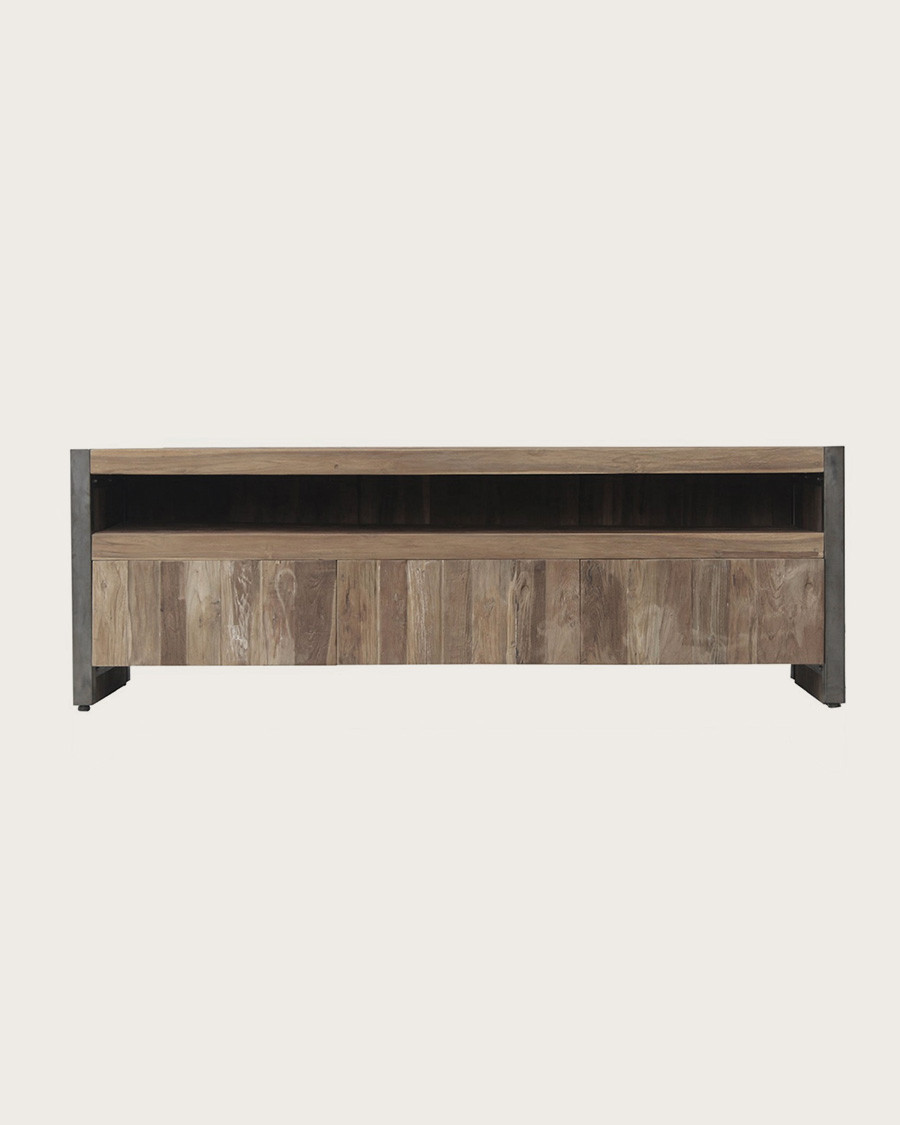 Arche - Mobile TV industriale in teak riciclato e metallo nero, 150 cm