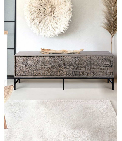 Hawaii - Black TV cabinet in solid carved mango wood 160 cm