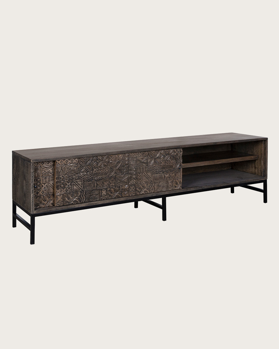 Hawaï - Meuble TV noir en manguier massif sculpté 160 cm