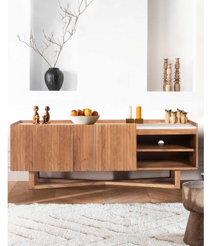 Endah - Mobile porta TV in legno massello di Mindy e marmo bianco, 175 cm