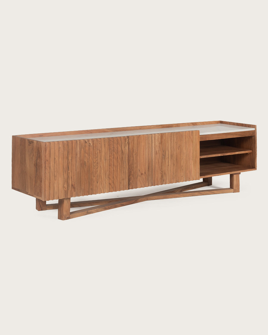 Endah - Mobile porta TV in legno massello di Mindy e marmo bianco, 175 cm