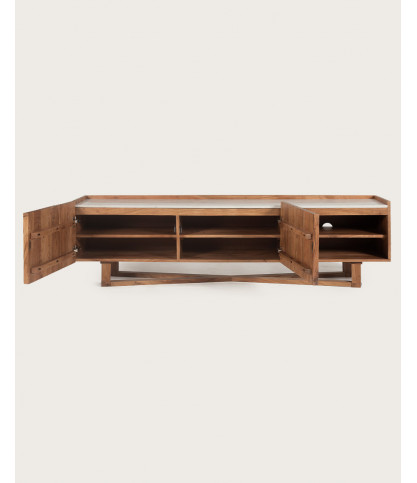Endah - Mueble para TV en madera maciza Mindy y mármol blanco, 175 cm
