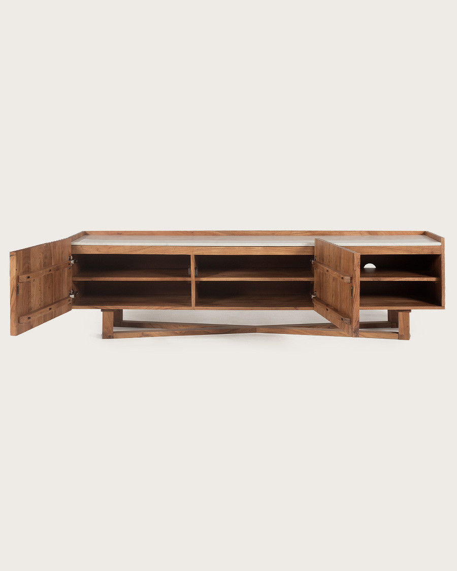 Endah - Mueble para TV en madera maciza Mindy y mármol blanco, 175 cm