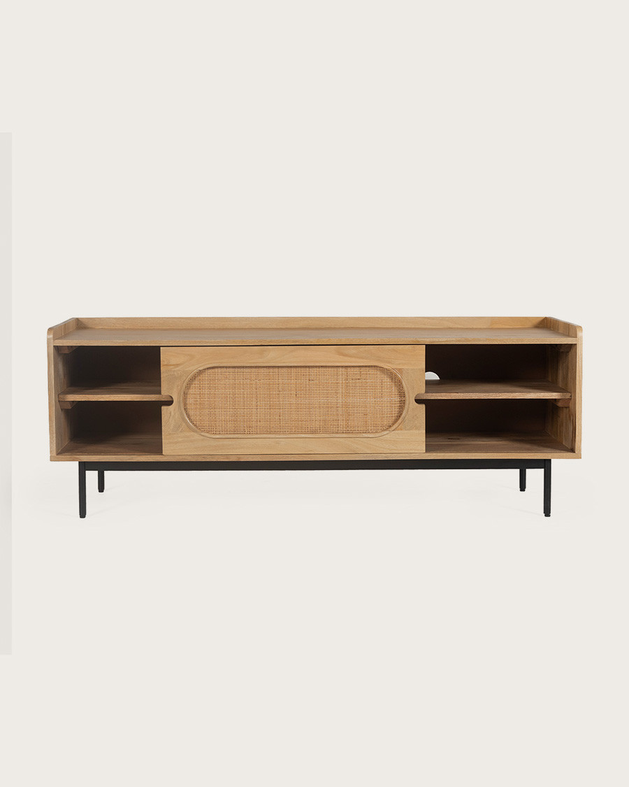 Kali - TV cabinet in solid mango wood and cane 140 cm