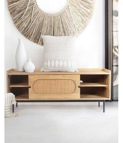 Kali - TV cabinet in solid mango wood and cane 140 cm