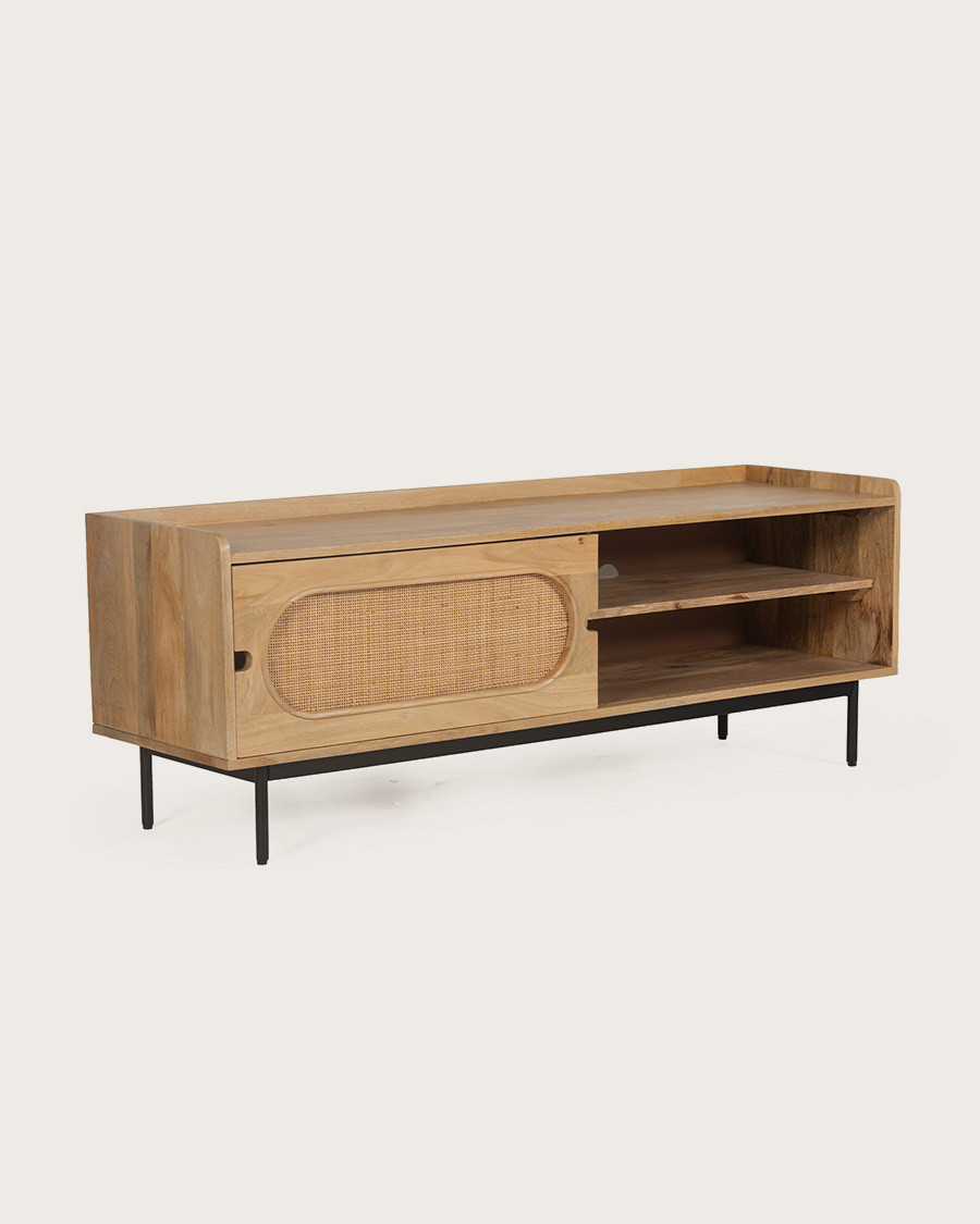 Kali - TV cabinet in solid mango wood and cane 140 cm