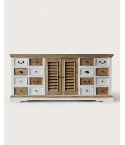 Inda - Großes weißes und naturfarbenes Sideboard aus massivem Mindy Holz, 160 cm