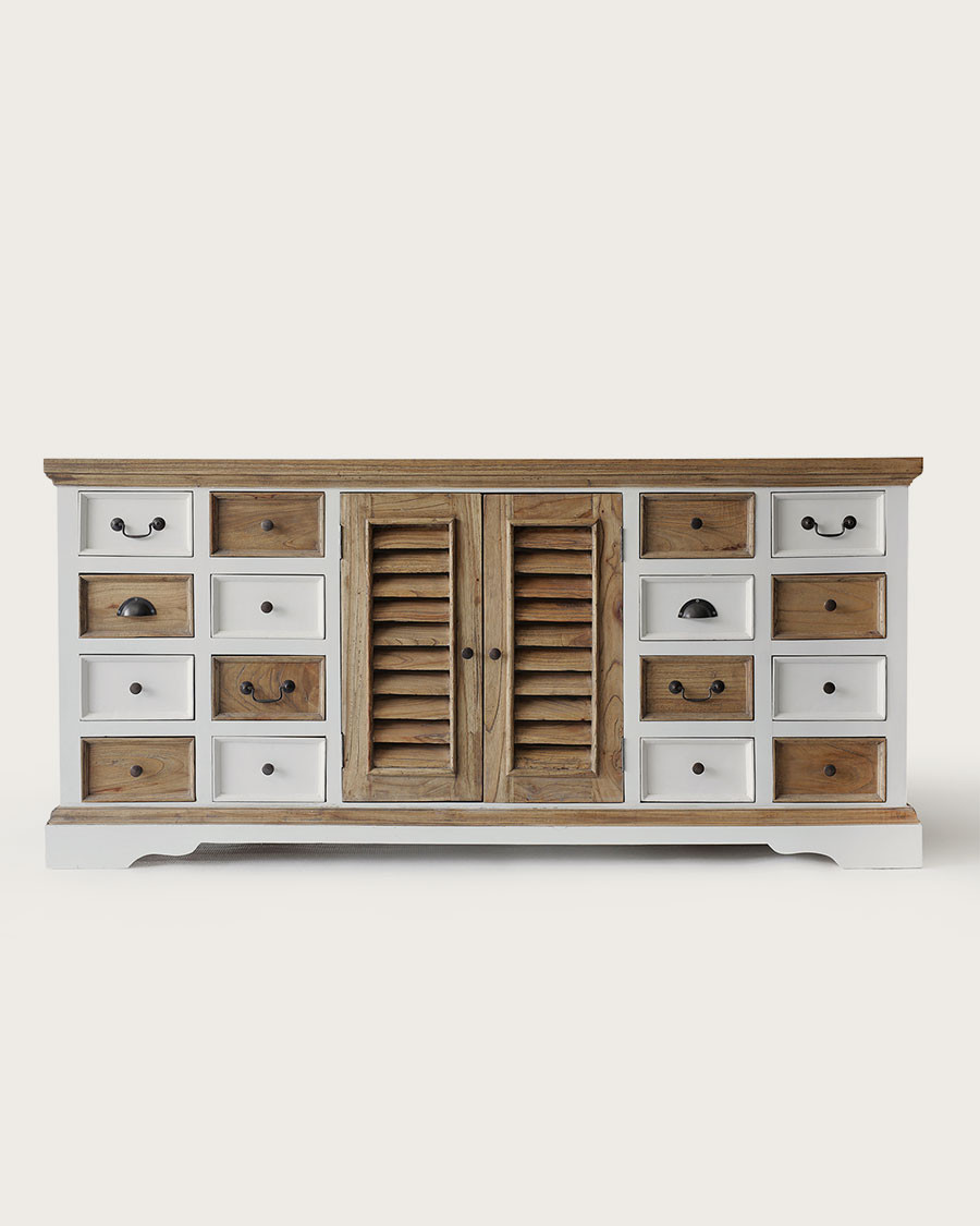 Inda - Großes weißes und naturfarbenes Sideboard aus massivem Mindy Holz, 160 cm