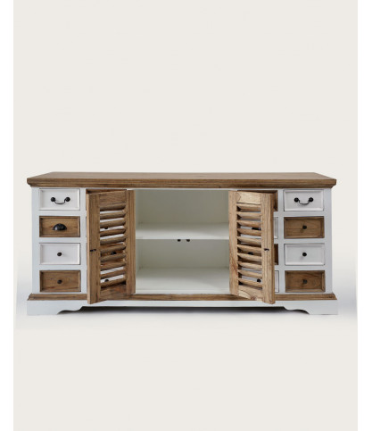 Inda - Großes weißes und naturfarbenes Sideboard aus massivem Mindy Holz, 160 cm