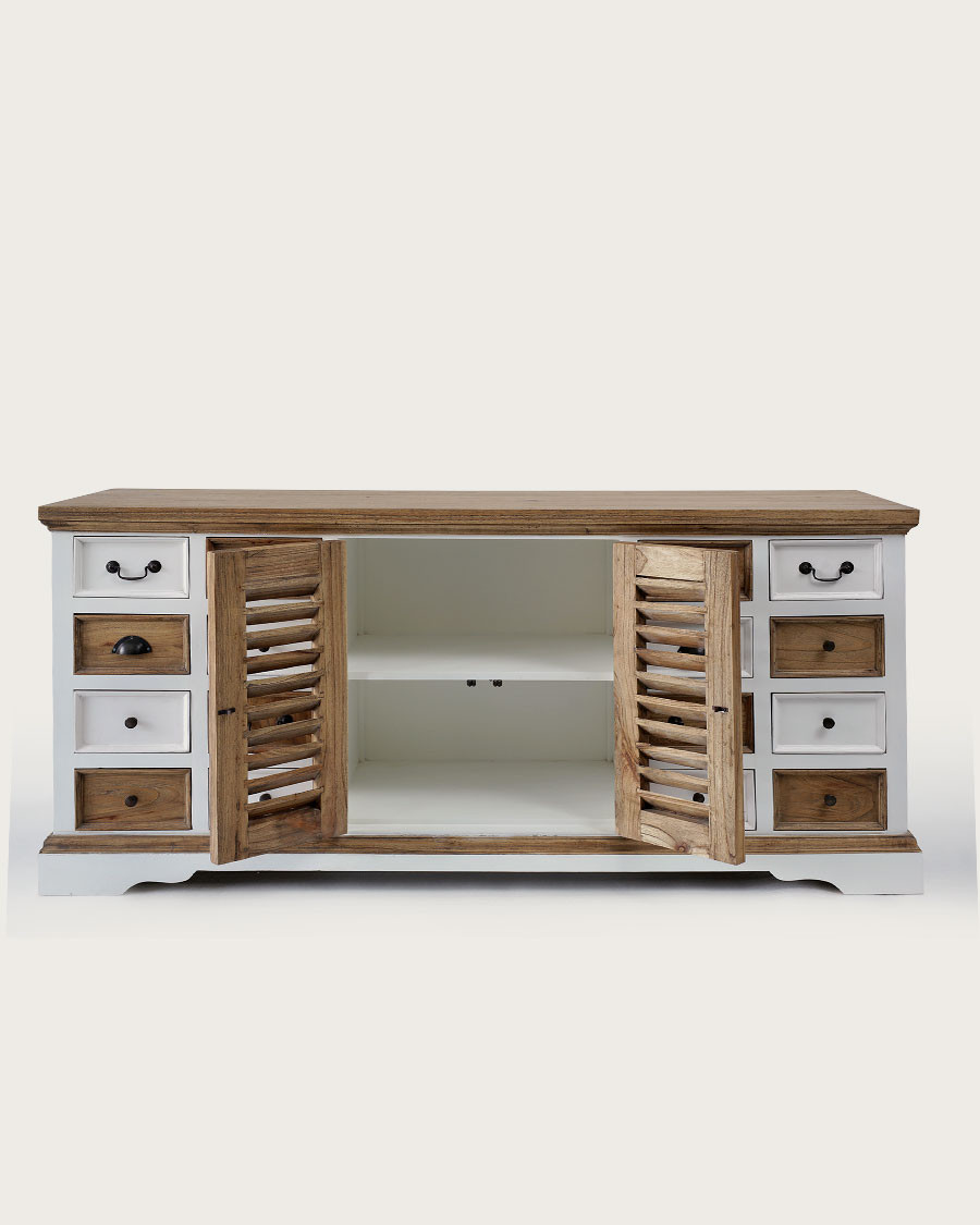 Inda - Großes weißes und naturfarbenes Sideboard aus massivem Mindy Holz, 160 cm
