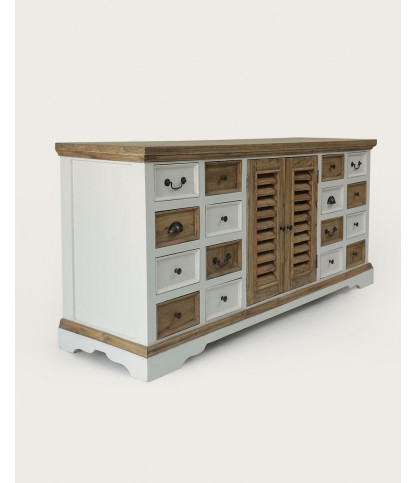 Inda - Großes weißes und naturfarbenes Sideboard aus massivem Mindy Holz, 160 cm