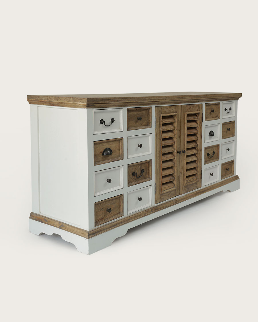 Inda - Großes weißes und naturfarbenes Sideboard aus massivem Mindy Holz, 160 cm