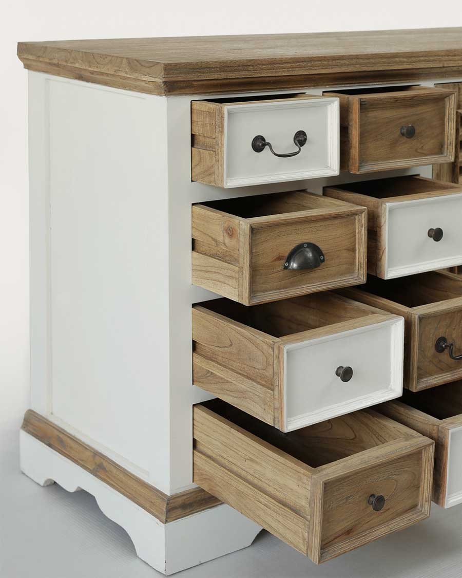 Inda - Großes weißes und naturfarbenes Sideboard aus massivem Mindy Holz, 160 cm