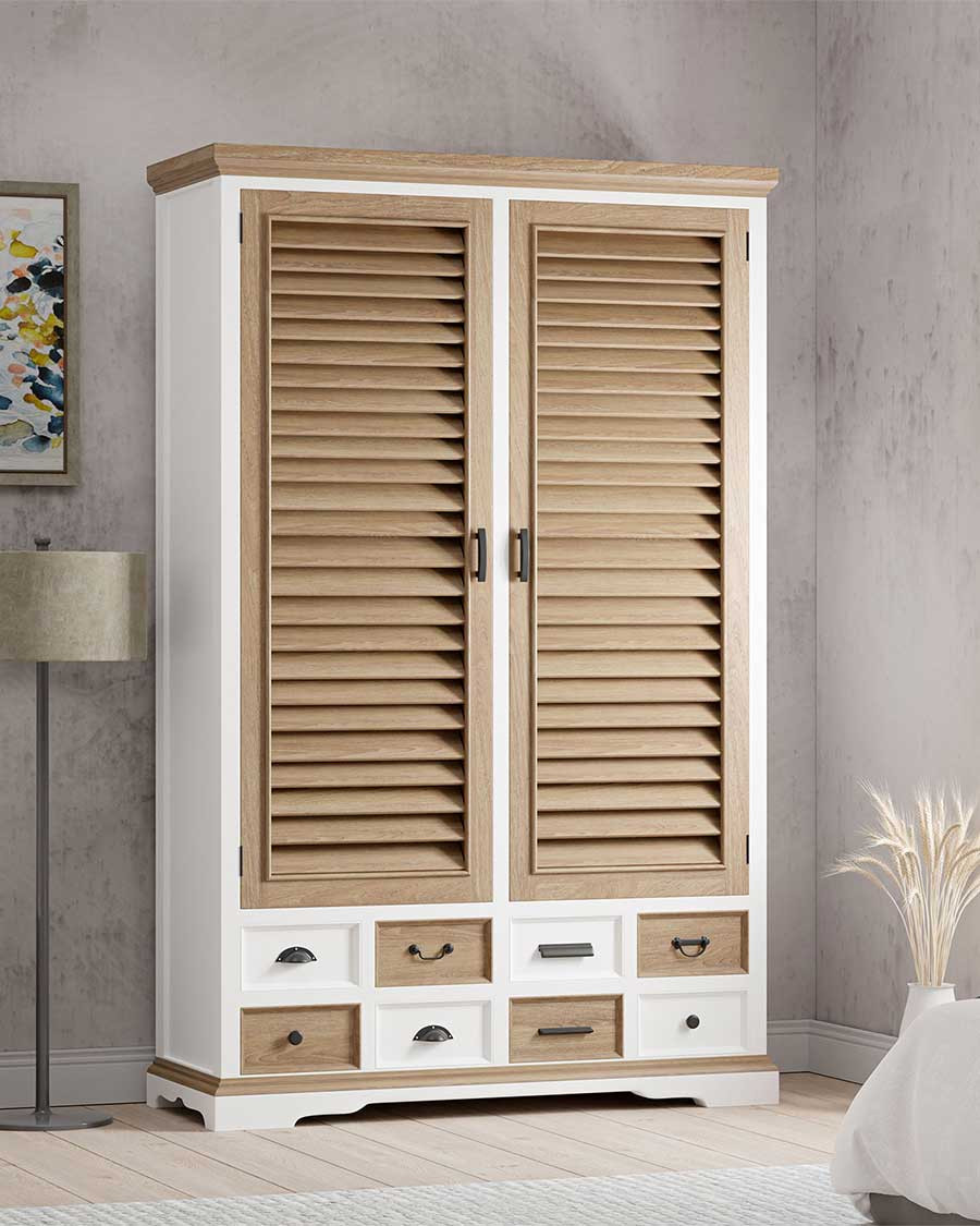 Inda - Grande armoire bicolore blanche et naturelle en bois de mindi massif