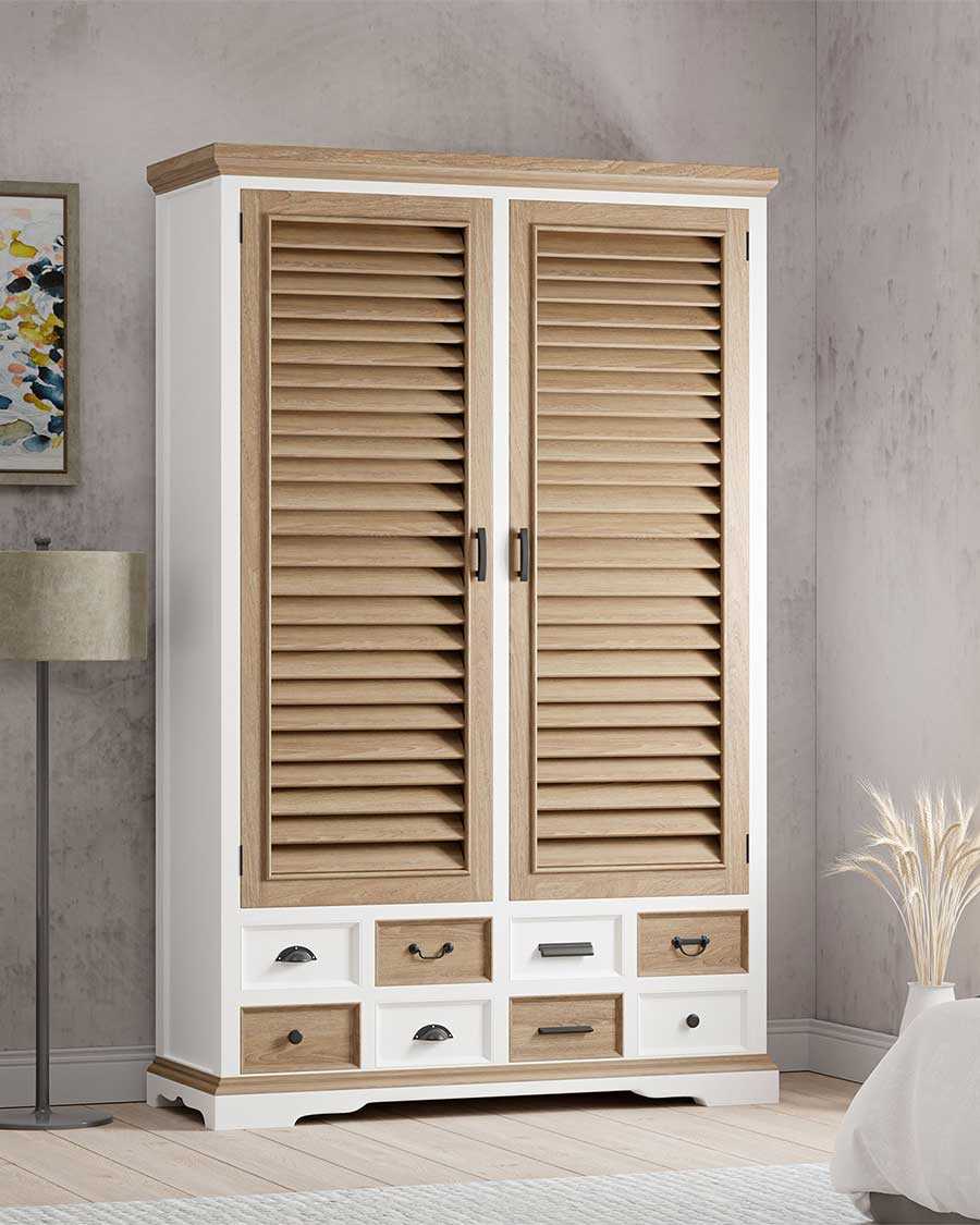 Inda - Großer zweifarbiger Kleiderschrank in Weiß und massivem, naturbelassenem Mindi Holz