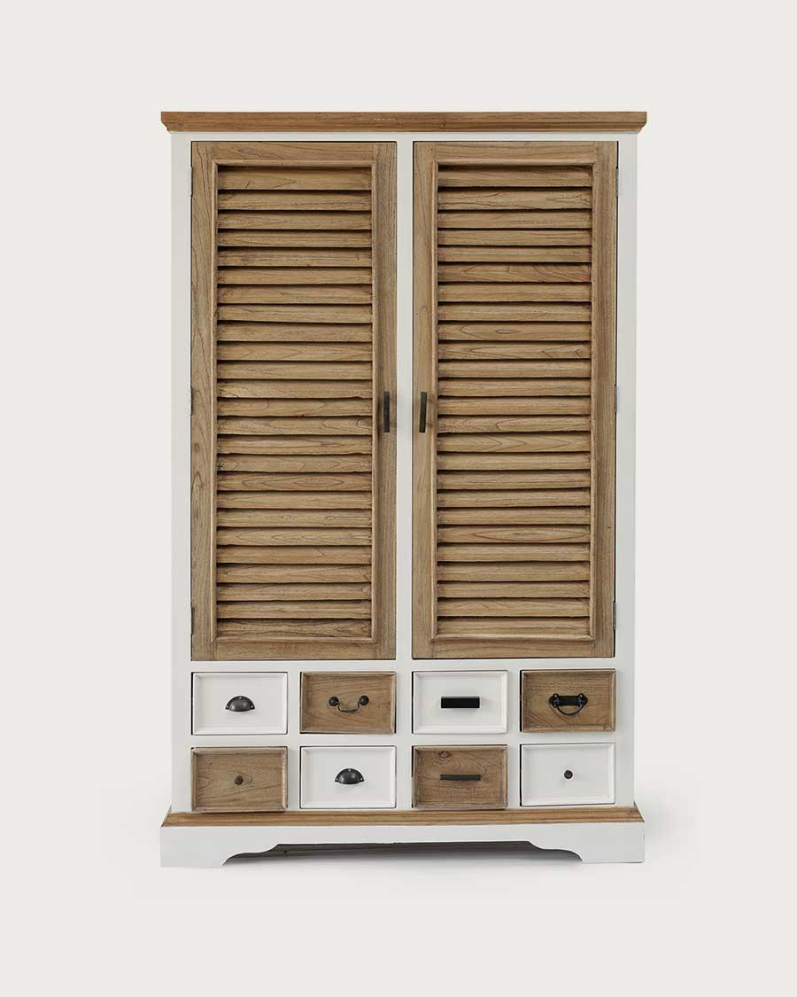 Inda - Großer weißer und natürlicher Kleiderschrank aus massivem Mindy