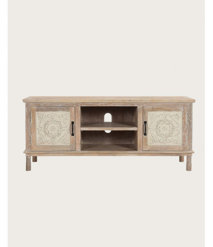 Mala - Mueble para TV de madera maciza de mango tallada, 140 cm