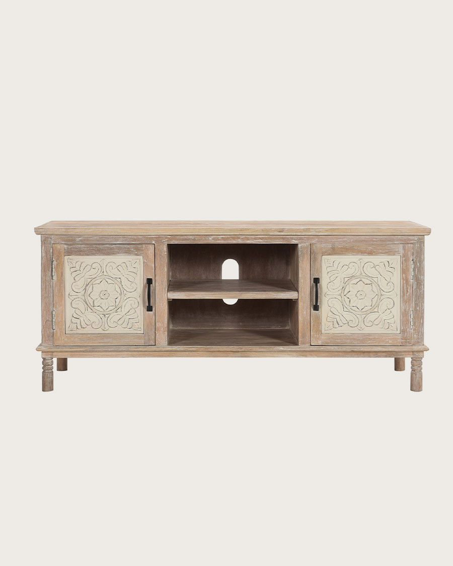Mala - Mueble de TV de madera maciza de mango tallado de 140 cm