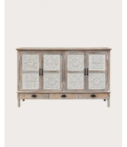 Mala - High sideboard with 4 doors in solid carved mango wood 160 cm