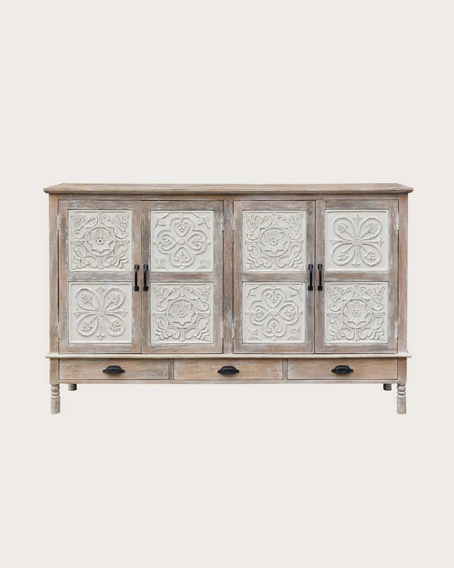Mala - Aparador alto con 4 puertas en madera maciza de mango tallada, 160 cm