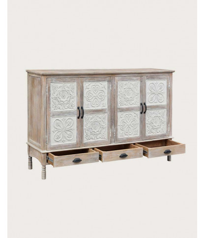 Mala - Aparador alto con 4 puertas en madera maciza de mango tallada, 160 cm