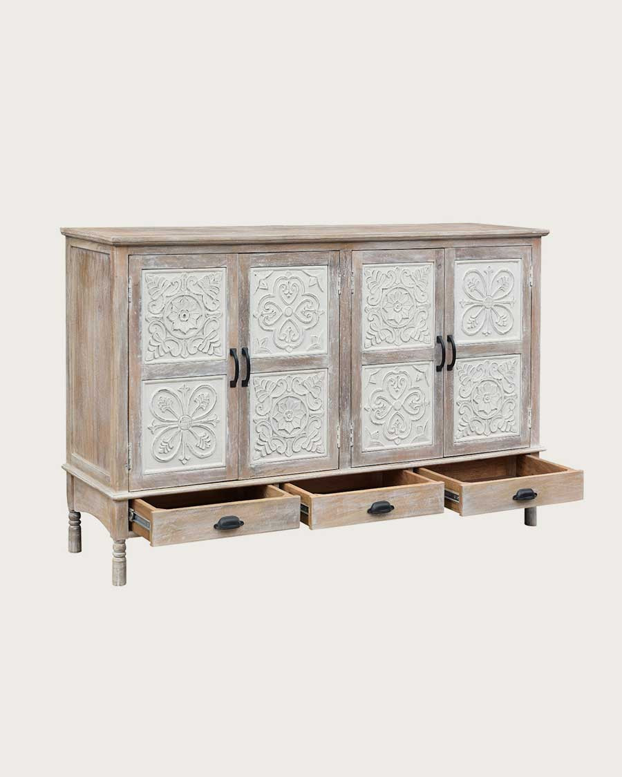 Mala - Credenza alta con 4 ante in legno massello di mango intagliato, 160 cm