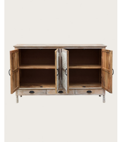 Mala - High sideboard with 4 doors in solid carved mango wood 160 cm