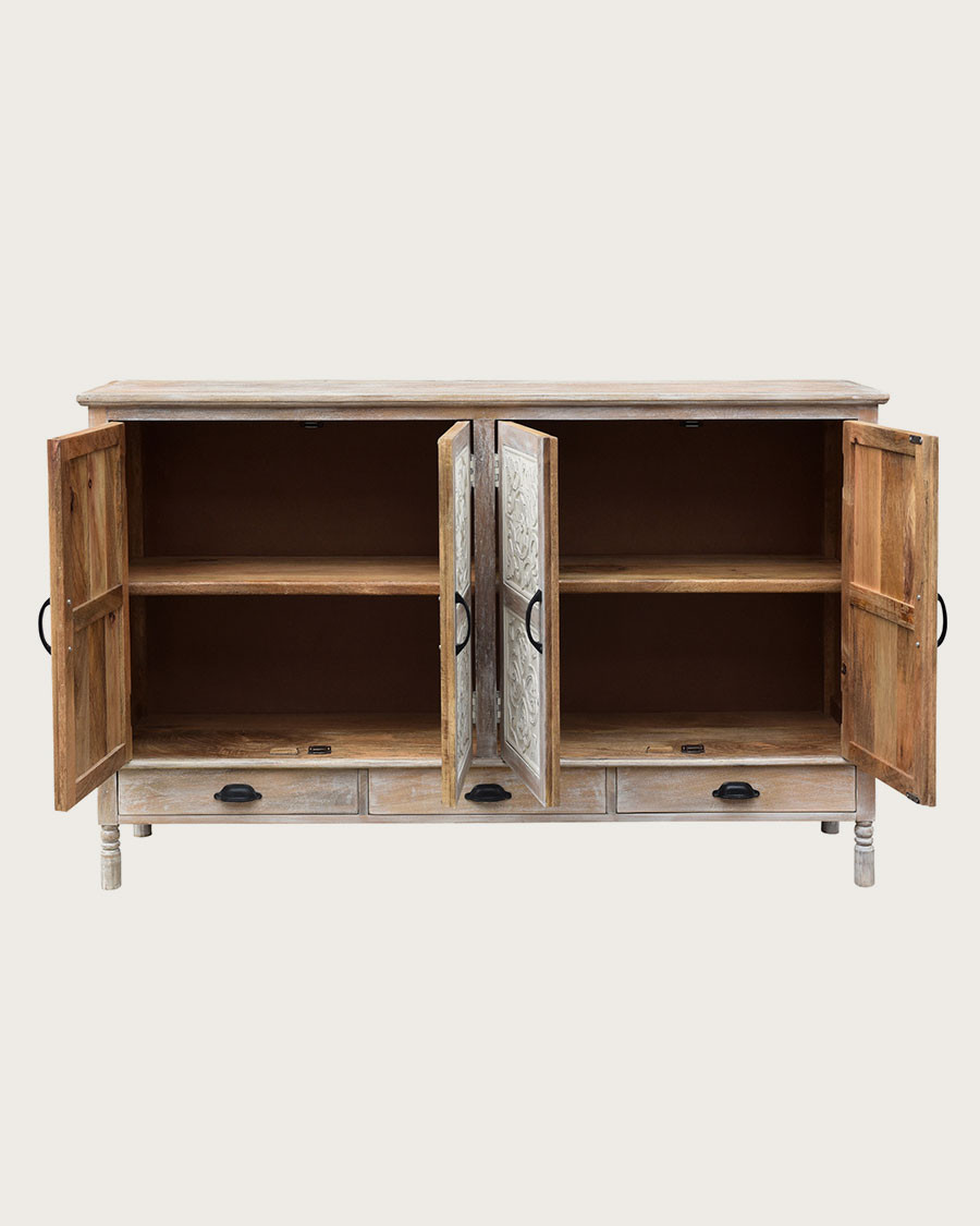 Mala - High sideboard with 4 doors in solid carved mango wood 160 cm