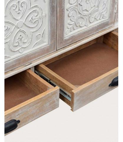 Mala - High sideboard with 4 doors in solid carved mango wood 160 cm
