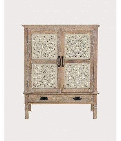 Mala - High sideboard with 2 doors in solid carved mango wood 85 cm