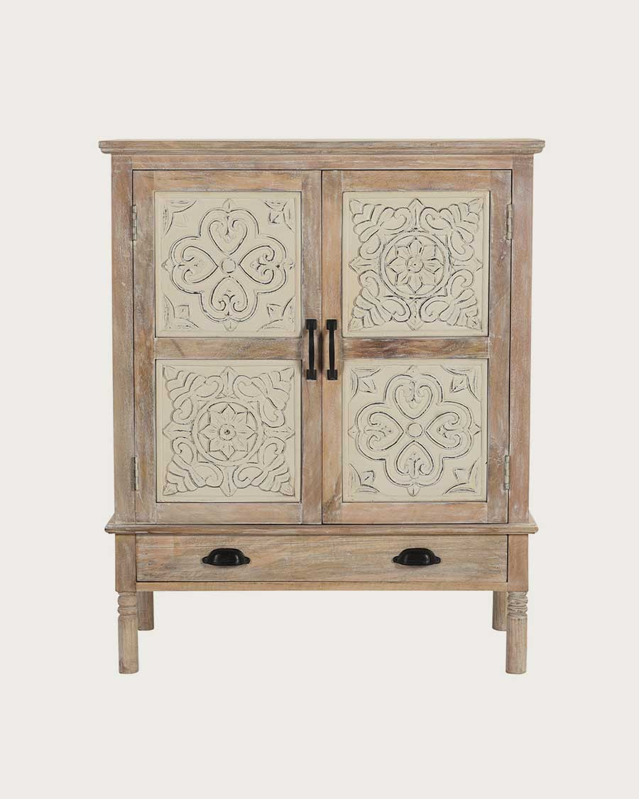 Mala - Hohes Sideboard mit 2 Türen aus massivem geschnitztem Mangoholz 85 cm