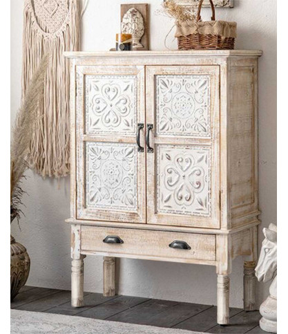 Mala - Hoog dressoir met 2 deuren, gemaakt van massief, gesneden mangohout, 85 cm