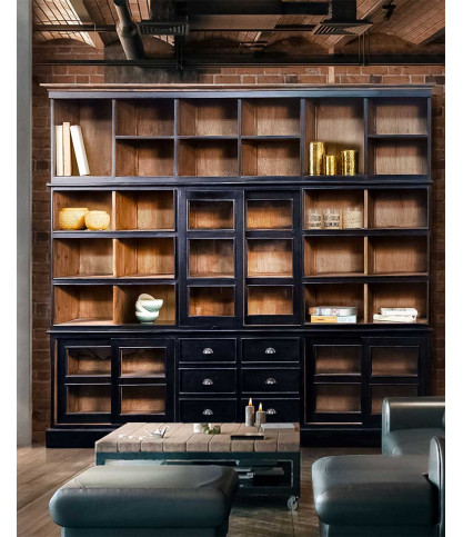 London - Grande libreria nera e naturale in legno massello di Mindy
