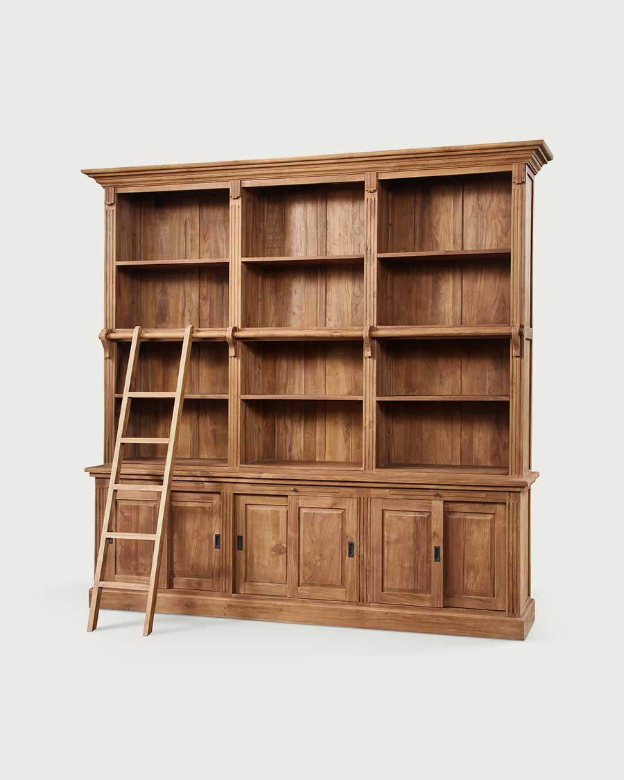 Mahara - Grande libreria in teak massello con scala