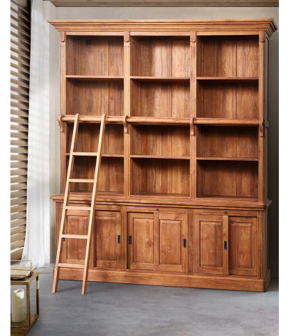 Mahara - Grande libreria in teak massello con scala