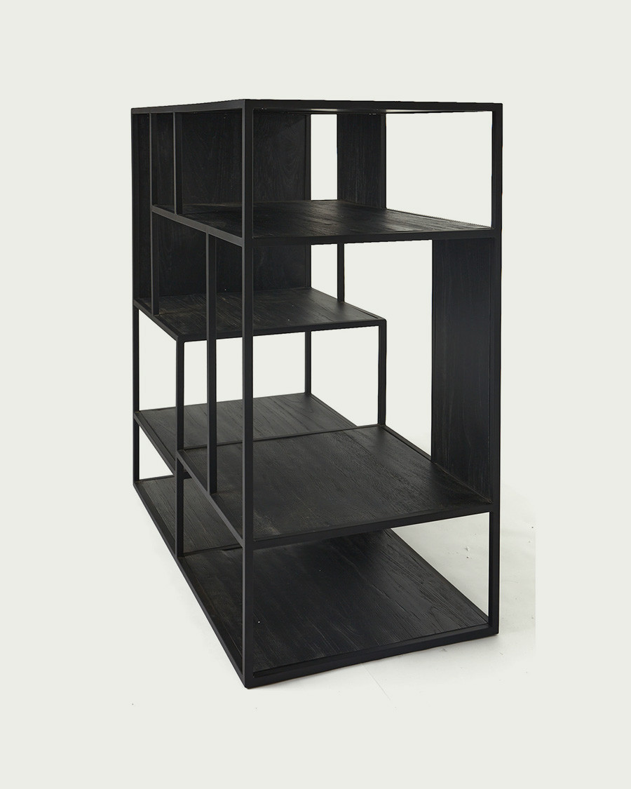 Como - Small industrial shelf in solid teak and black metal