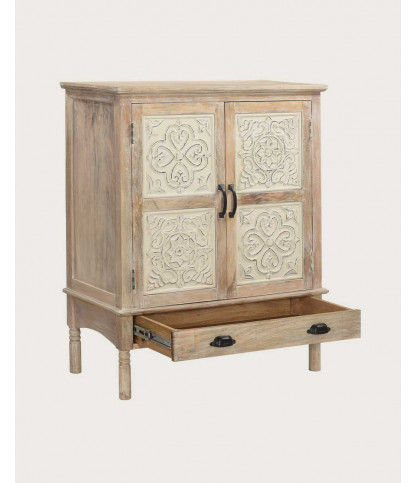 Mala - High sideboard with 2 doors in solid carved mango wood 85 cm