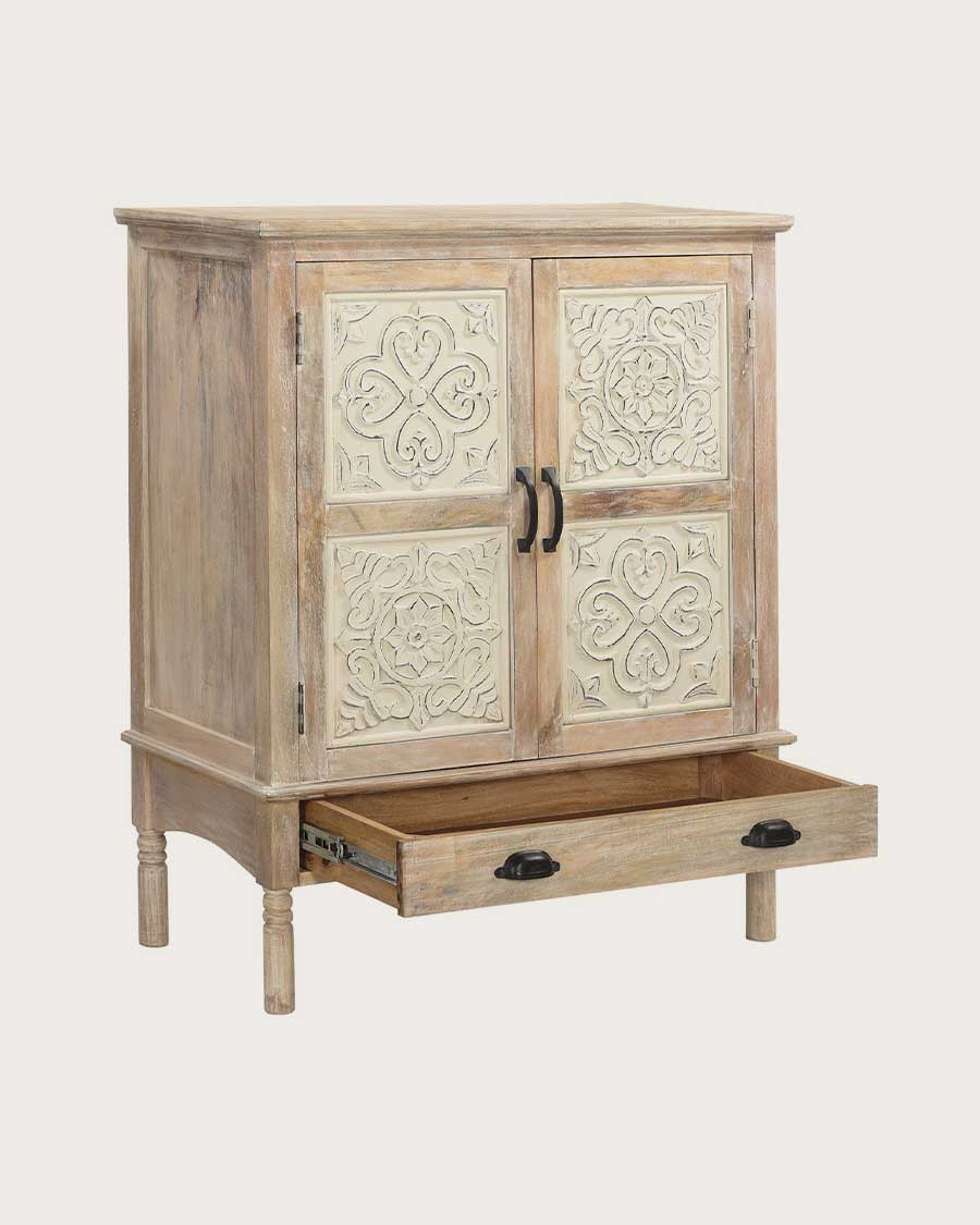 Mala - Hohes Sideboard mit 2 Türen aus massivem geschnitztem Mangoholz 85 cm
