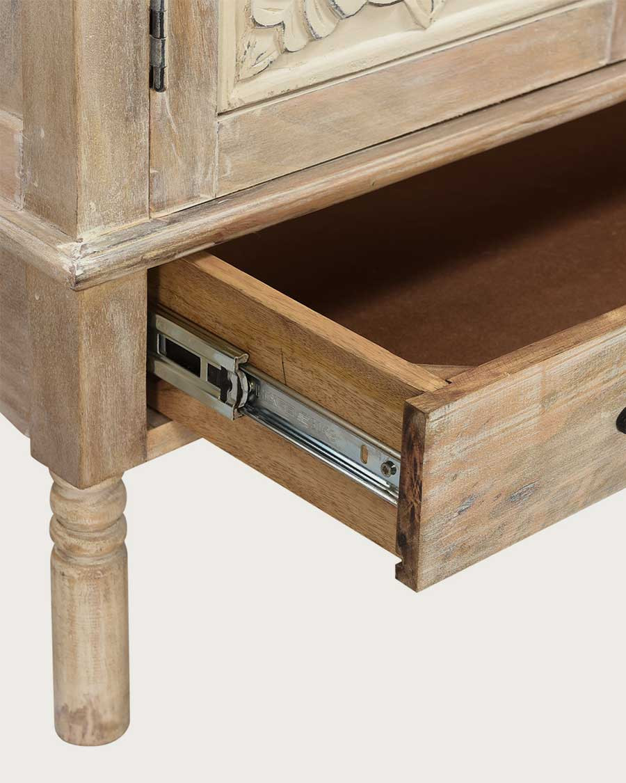 Mala - Hohes Sideboard mit 2 Türen aus massivem geschnitztem Mangoholz 85 cm