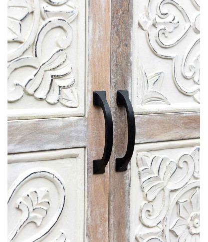 Mala - High sideboard with 2 doors in solid carved mango wood 85 cm